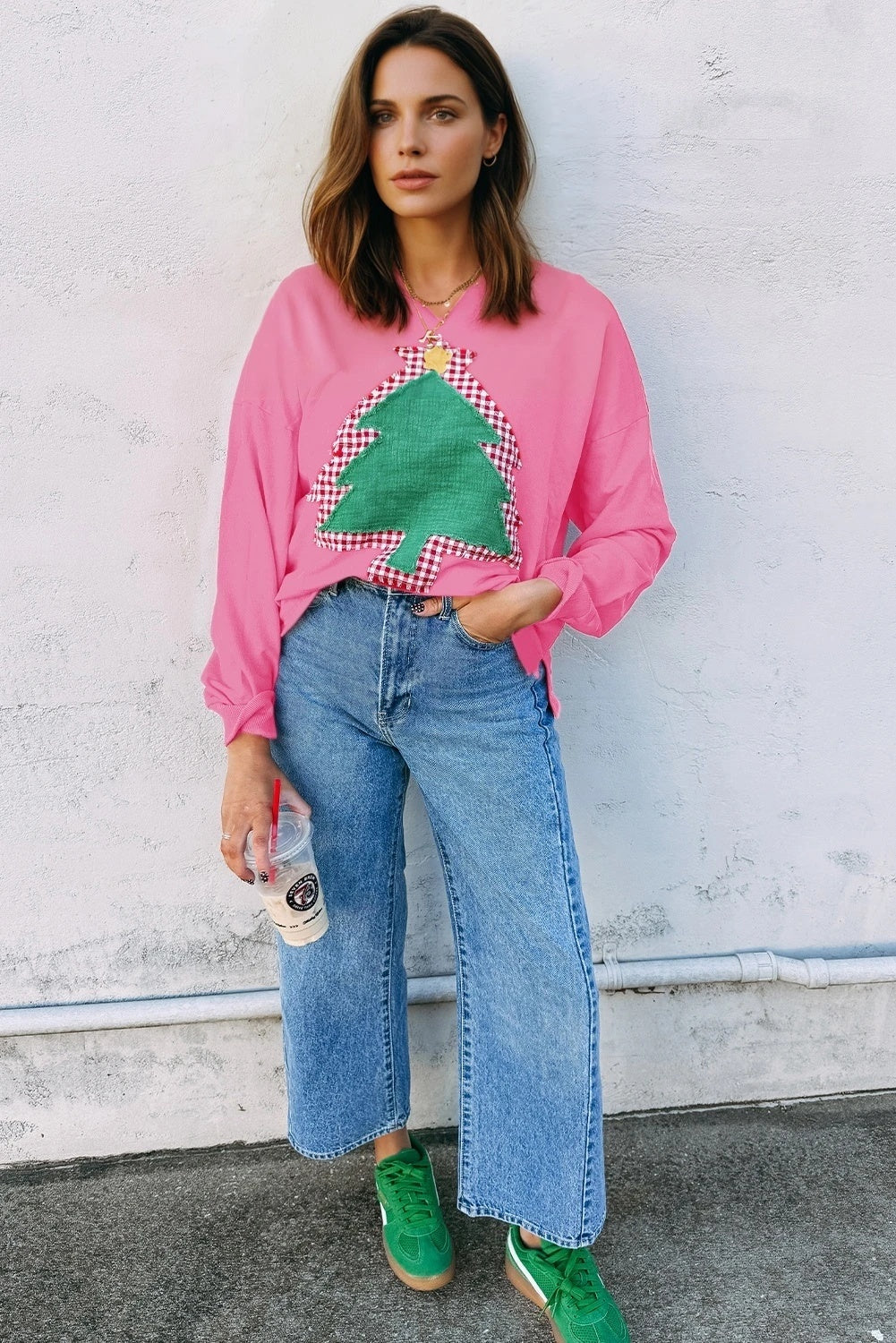 Women's Christmas Tree Patch Off-shoulder Sweater