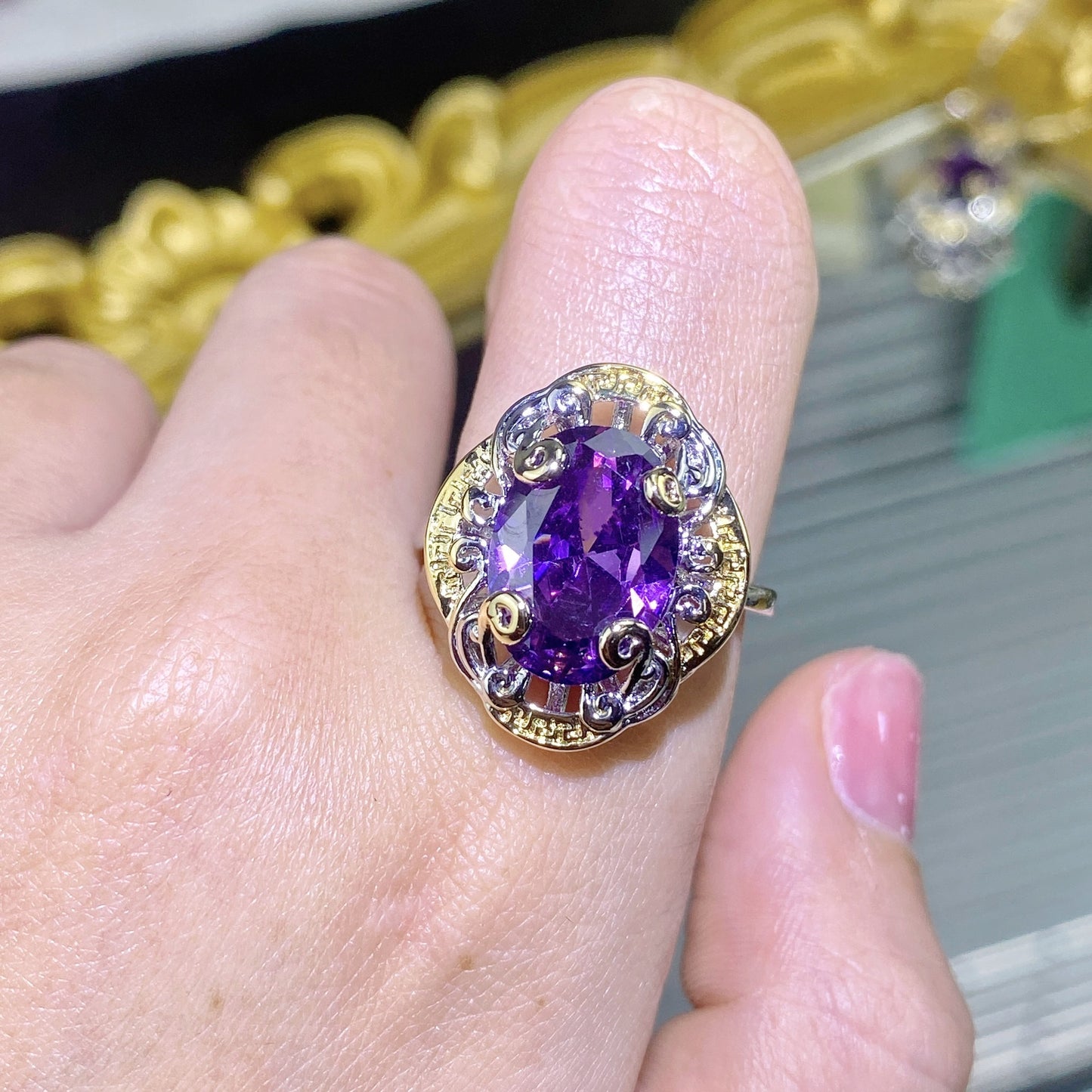 Double Color Gold Amethyst Carved Gold Craft Purple Diamond Suit