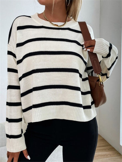 Round Neck Pullover Long Sleeve Base Layer Color Block Sweater Women