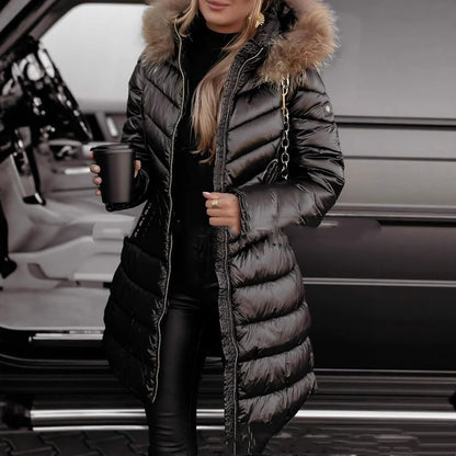 Mid-length Large Fur Collar Fashionable Slim-fit Cotton Coat Winter Jacket