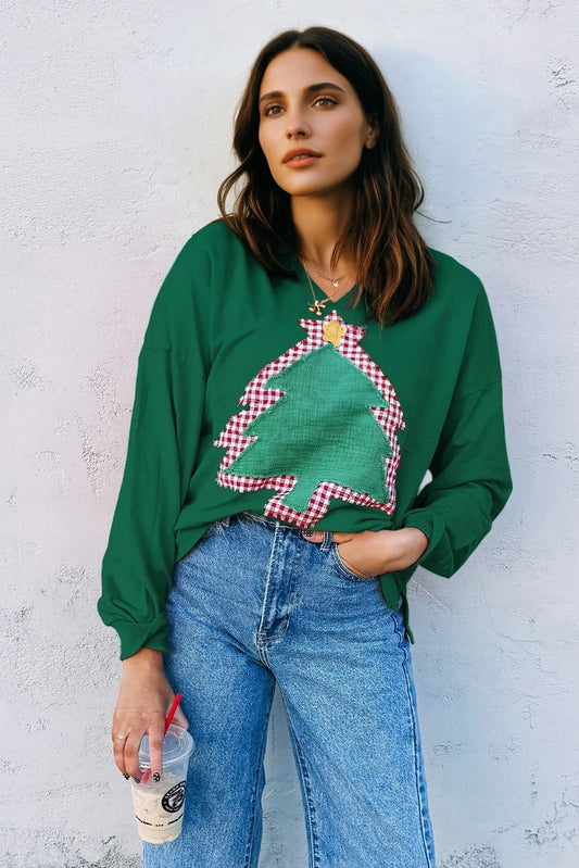 Women's Christmas Tree Patch Off-shoulder Sweater