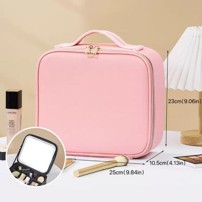 Makeup Bag With Removeable Lighted Mirror Travel Makeup Case 3 Color Lights Dimmable 4K Large Mirror Built-in Battery Detachable Dividers