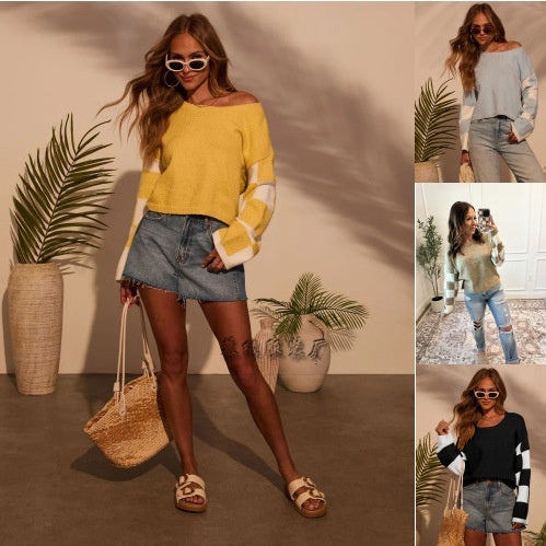 Women's Fashion Trend Multi-color Printed Long Sleeve Color-block Sweater