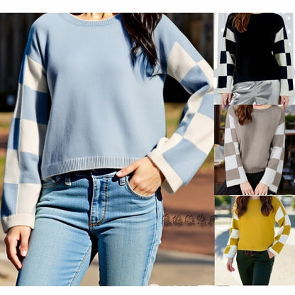 Women's Fashion Trend Multi-color Printed Long Sleeve Color-block Sweater