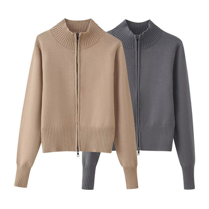 Knitted Zipper Versatile Solid Color Semi-high Neck Long Sleeve Cardigan Sweater