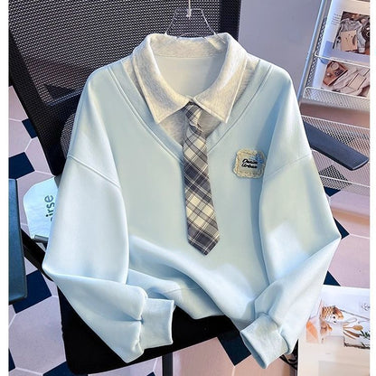 Fake Two-piece Tie Polo Collar Sweater For Women Spring And Autumn New Loose-fitting Non-hoodie
