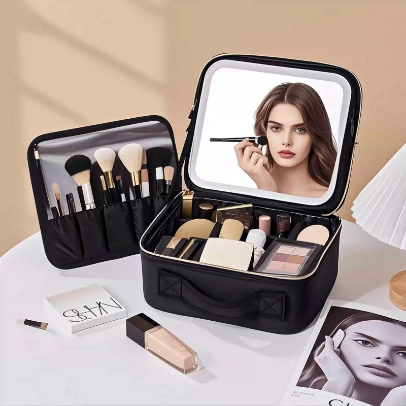 Makeup Bag With Removeable Lighted Mirror Travel Makeup Case 3 Color Lights Dimmable 4K Large Mirror Built-in Battery Detachable Dividers