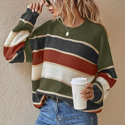 Women's 2025 Striped Color Block Sweater, Cute Crewneck Pullover Top, Fall Winter Fashion Knitwear