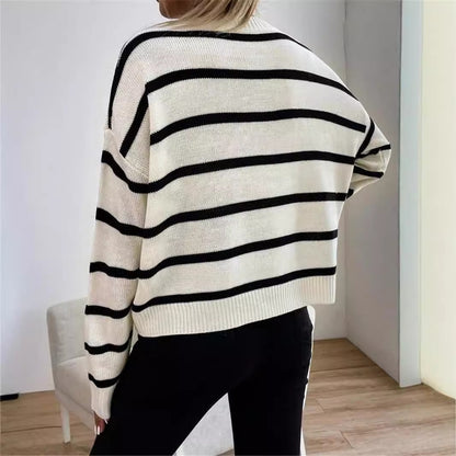 Round Neck Pullover Long Sleeve Base Layer Color Block Sweater Women