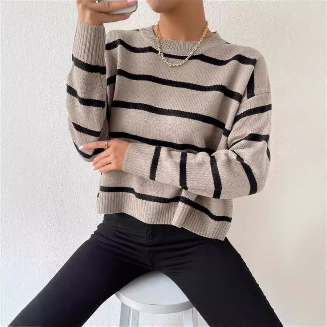 Round Neck Pullover Long Sleeve Base Layer Color Block Sweater Women