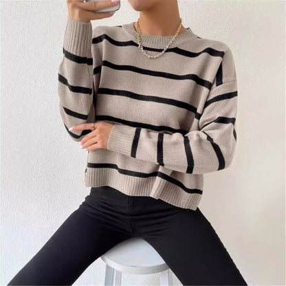 Round Neck Pullover Long Sleeve Base Layer Color Block Sweater Women