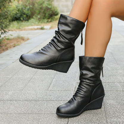 Retro Wedge Heel Fur-lined Pleated Pointed Back Zipper Ankle Boots