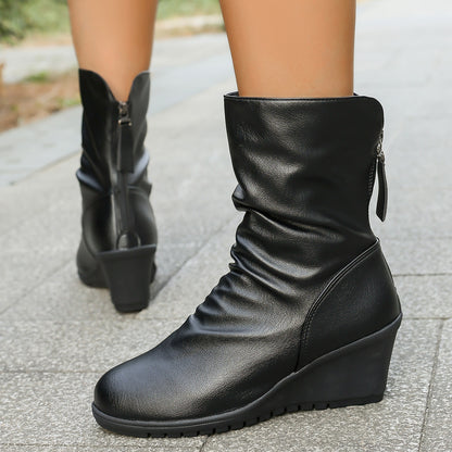Retro Wedge Heel Fur-lined Pleated Pointed Back Zipper Ankle Boots