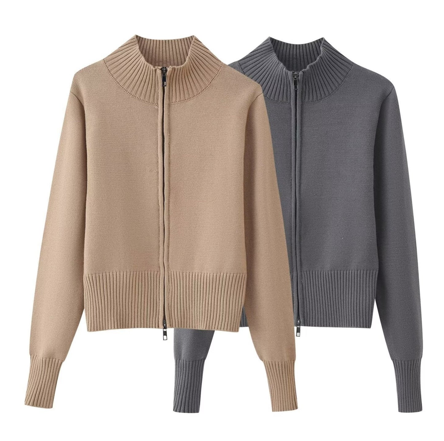 Knitted Zipper Versatile Solid Color Semi-high Neck Long Sleeve Cardigan Sweater