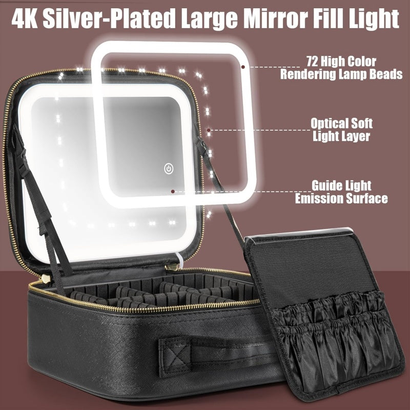 Makeup Bag With Removeable Lighted Mirror Travel Makeup Case 3 Color Lights Dimmable 4K Large Mirror Built-in Battery Detachable Dividers