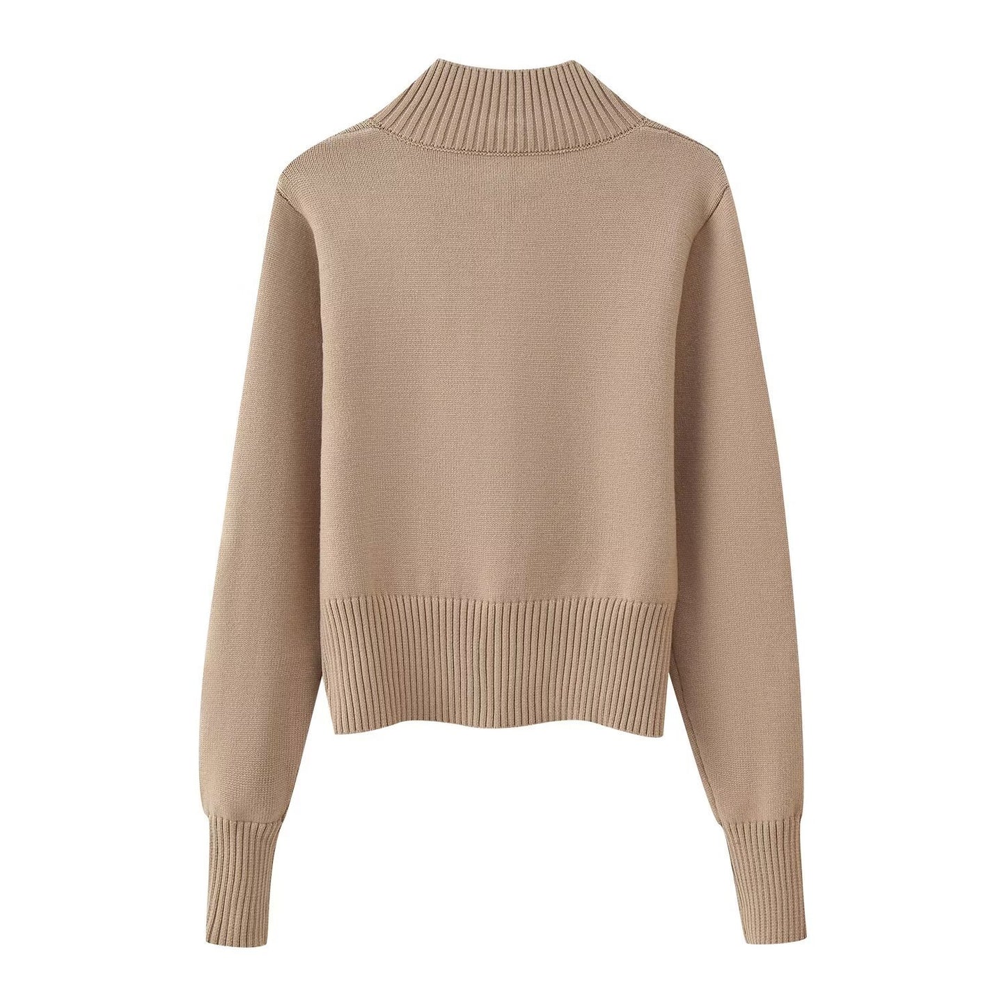 Knitted Zipper Versatile Solid Color Semi-high Neck Long Sleeve Cardigan Sweater