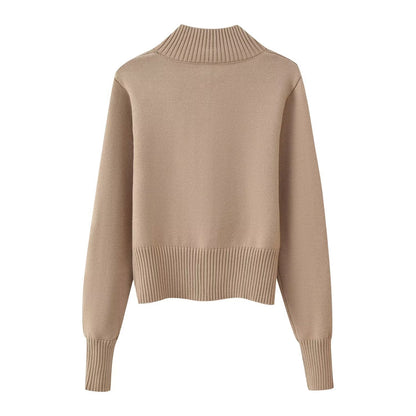 Knitted Zipper Versatile Solid Color Semi-high Neck Long Sleeve Cardigan Sweater