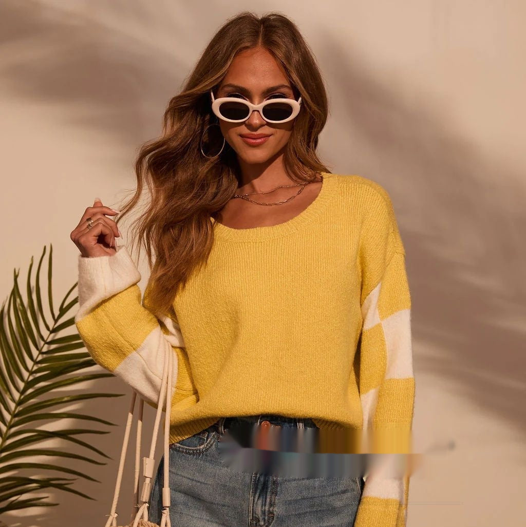 Women's Fashion Trend Multi-color Printed Long Sleeve Color-block Sweater