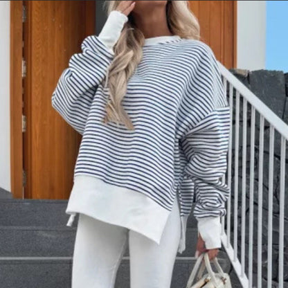 Women's Striped Sweatshirt Size Slit Long Sleeve Shirts For Women Crewneck Hoodies Casual Pullover Top