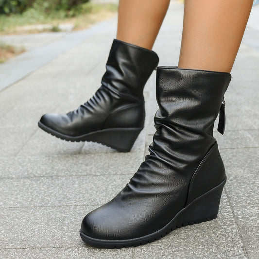 Retro Wedge Heel Fur-lined Pleated Pointed Back Zipper Ankle Boots
